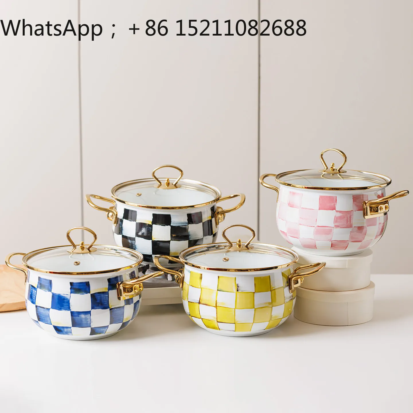 LLY light luxury enamel enamel checkerboard binaural soup pot black and white lattice with lid Phnom Penh thickened saucepan