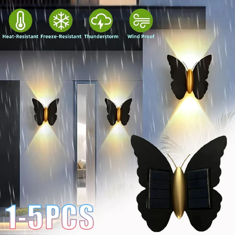 1-5PCS Solar Butterfly Wall Light IP65 Waterproof Modern Accent Lamp for Outdoor Stair Hallway Patio Balcony Garden Fence