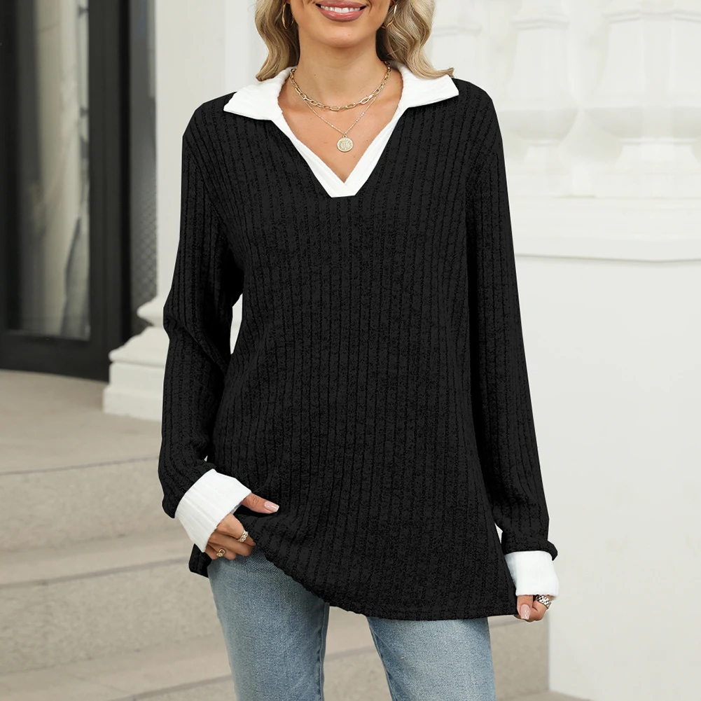 

Multicolored lapel long sleeved tshirt for women loose fit casual breathable top suitable for all seasons and outings