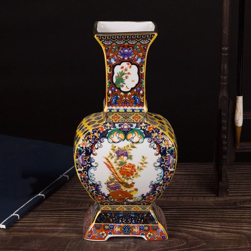 Vintage Emaille-Vase, quadratisch, mit langem Hals, flach, Blumenmuster, Keramikvase, modern, exquisite Handwerkskunst, Tischdekoration