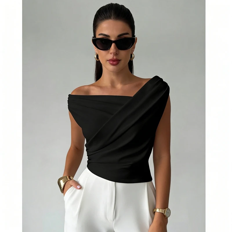 

New Elegant Sleeveless Slanted Shoulder Summer Blouse Women Solid Color Casual Slim Fit Short Irregular Shirts Streetwear Tops
