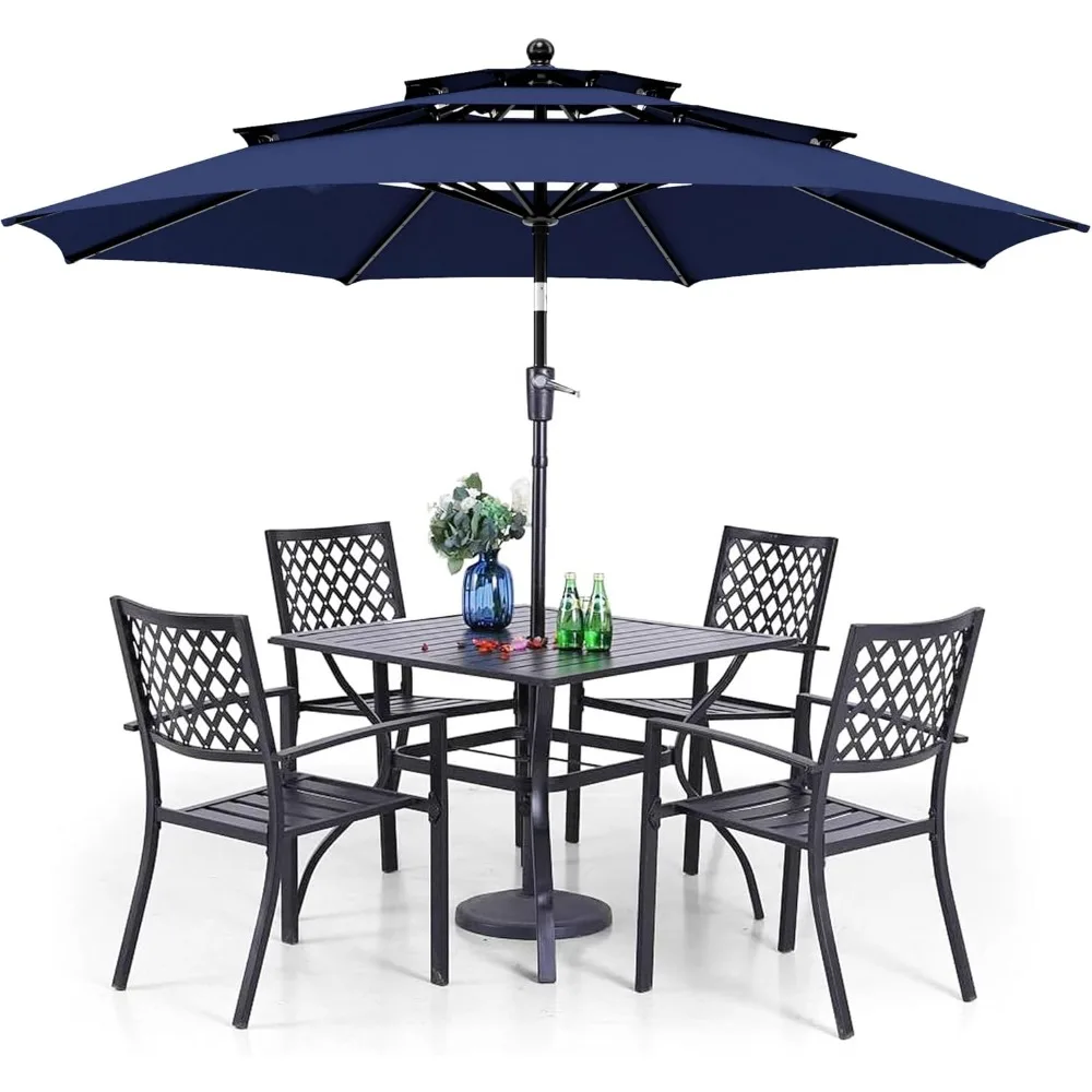 

Patio Dining Set 6 Piece with 4 Outdoor Stackable Chairs, 1 Square Table and 10ft 3 Tier Umbrella, Outdoor Table Furniture Set