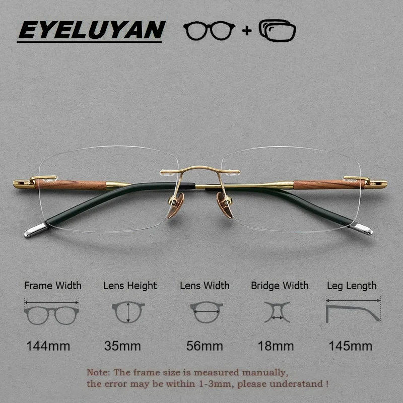 EYELUYAN Titanium Wood Rimless Glasses Men Optical Myopia Hyperopia Eyeglasses Anti UV Aspheric Lens Prescription Eyewear - view 2