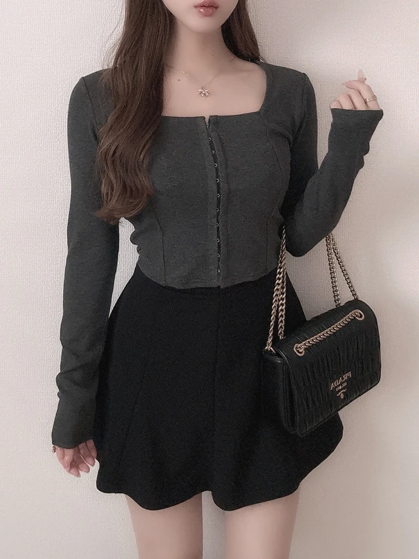 

Slim Fit ort Top Square Collar Elastic Ribbed Fabric Sweet Simple Sle Japanese Sle Thinming Girl Versatile Commute Sl...