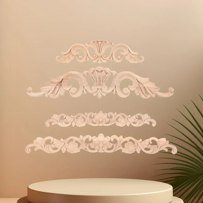 1pc  European Decorative Wood Appliques Unpainted Oak Carved Wave Flower Onlay Decal Corner Home Furniture Door