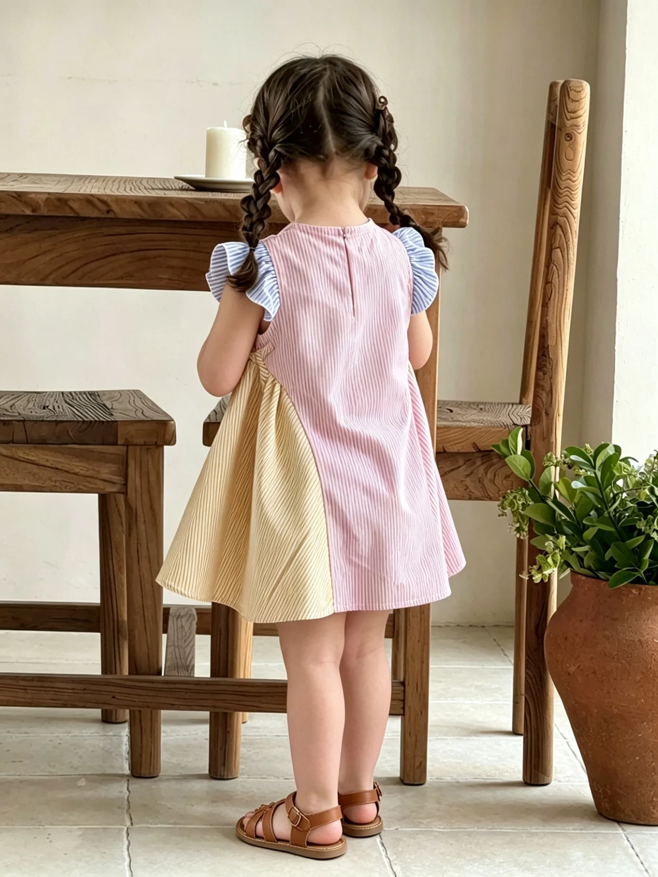 Gestreiftes Kleid mit Farbblock-Design für Kinder, Baby-Kragen, ärmellos, mit Rüschenkante, einreihig, knielang, für Mädchen – Detail 4