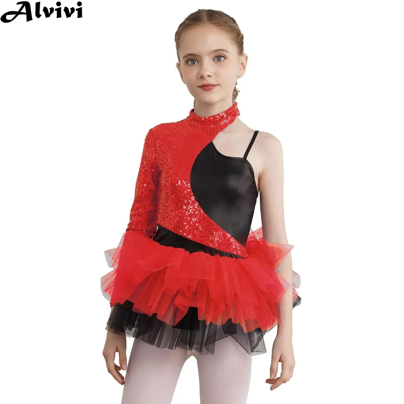 

Kids Girls Ballet Dance Dress Ballerina Tutu One Shoulder Shiny Sequin Leotard Dancewear for Gymnastics Skating Jazz Cha-cha