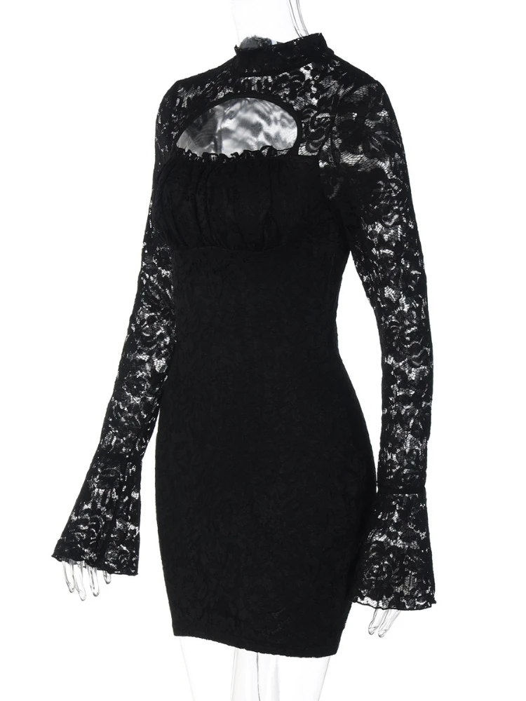 SsTss sexy kanten damesjurk, elegant, opstaande kraag, uitgehold, lange mouwen, met uitgesneden details, ingerichte mini-feestjurk 2025, herfst