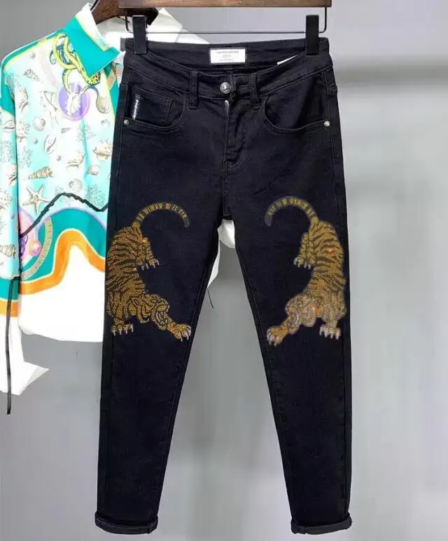 Pantalones vaqueros de marca con diamantes de imitación para hombre, jeans casuales a la moda, envío directo