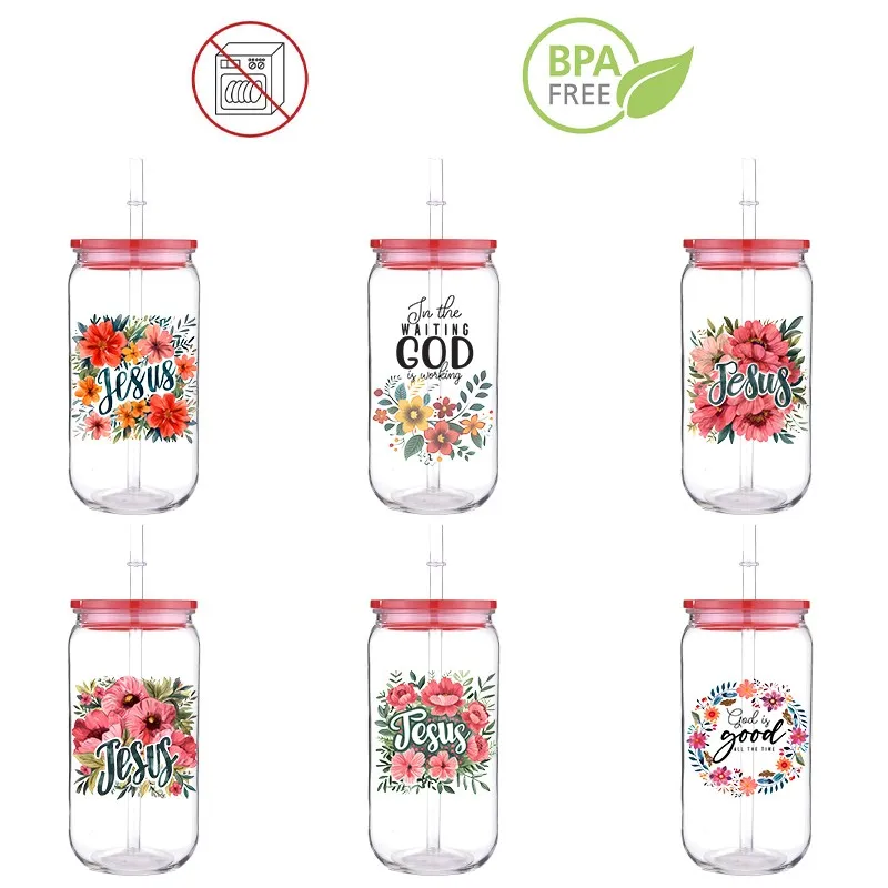 Christ Flower DIY Custom Printed Transfer PET Plastic Straw Cup Faith Jesus God Comes With Straw And Cup Lid Eco-Friendly 3D