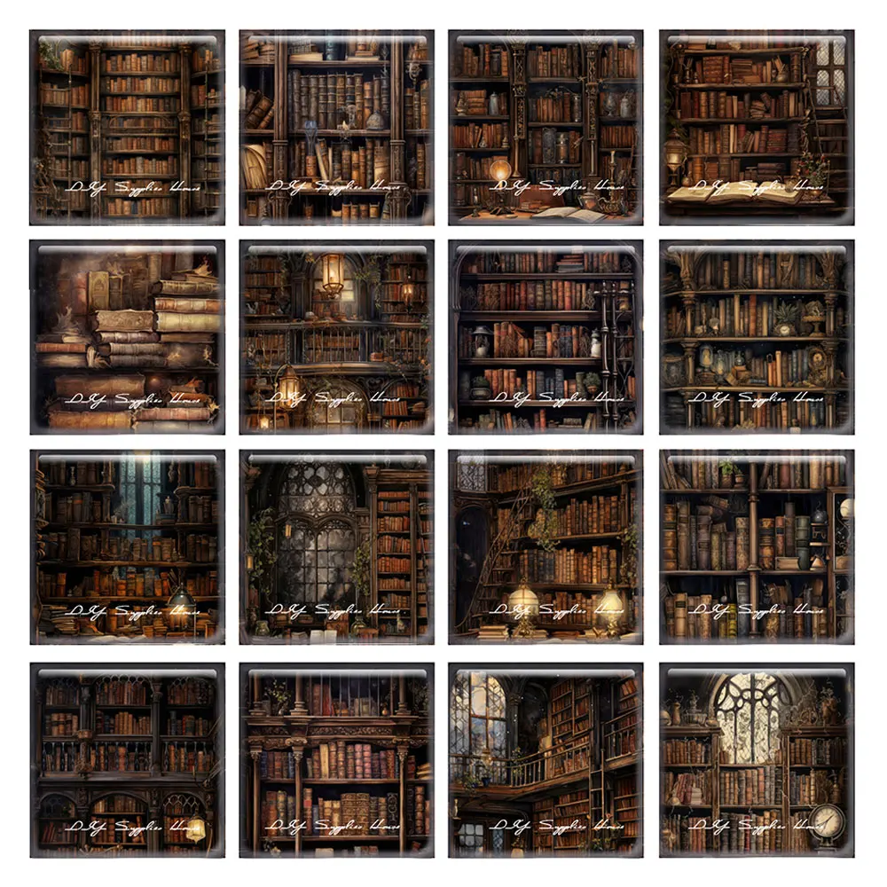 

10pcs/lots Retro Love to Read Bookshelf Library Square Photo Glass Cabochon Flatback Demo Flat Back Cameo For Diy Jewelry Making