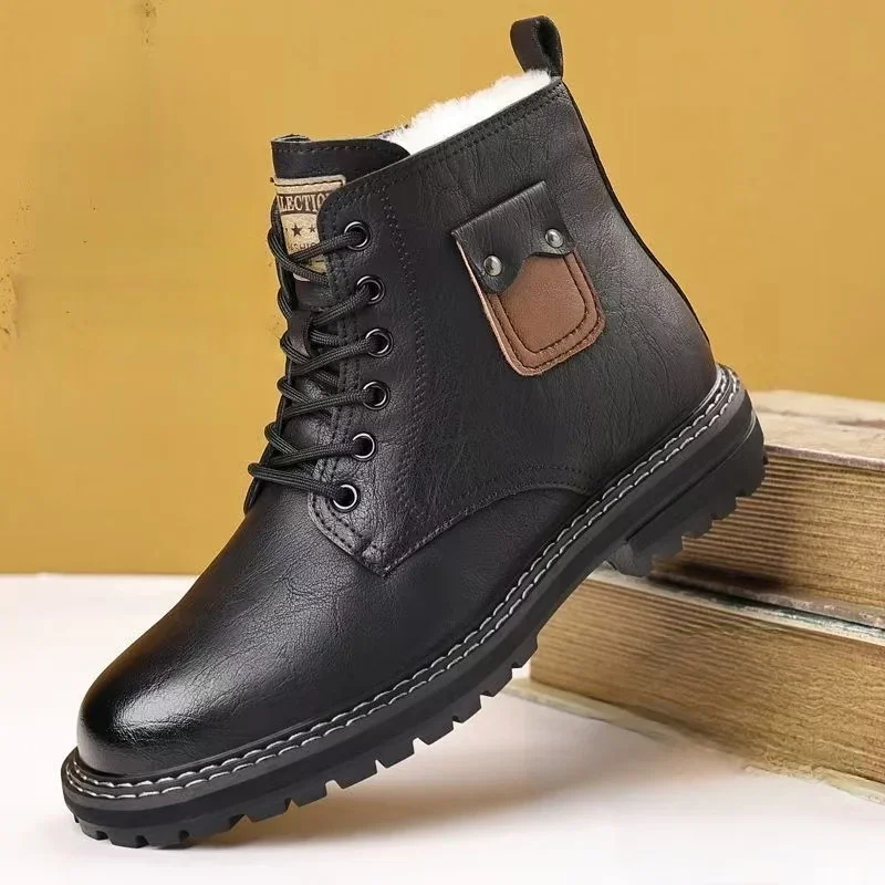 

Men's Winter New Leather High Top Cotton Boots Thick Sole Non Slip Round Toe Lace Up Waterproof Plush Warm Work Boots Snow Boots