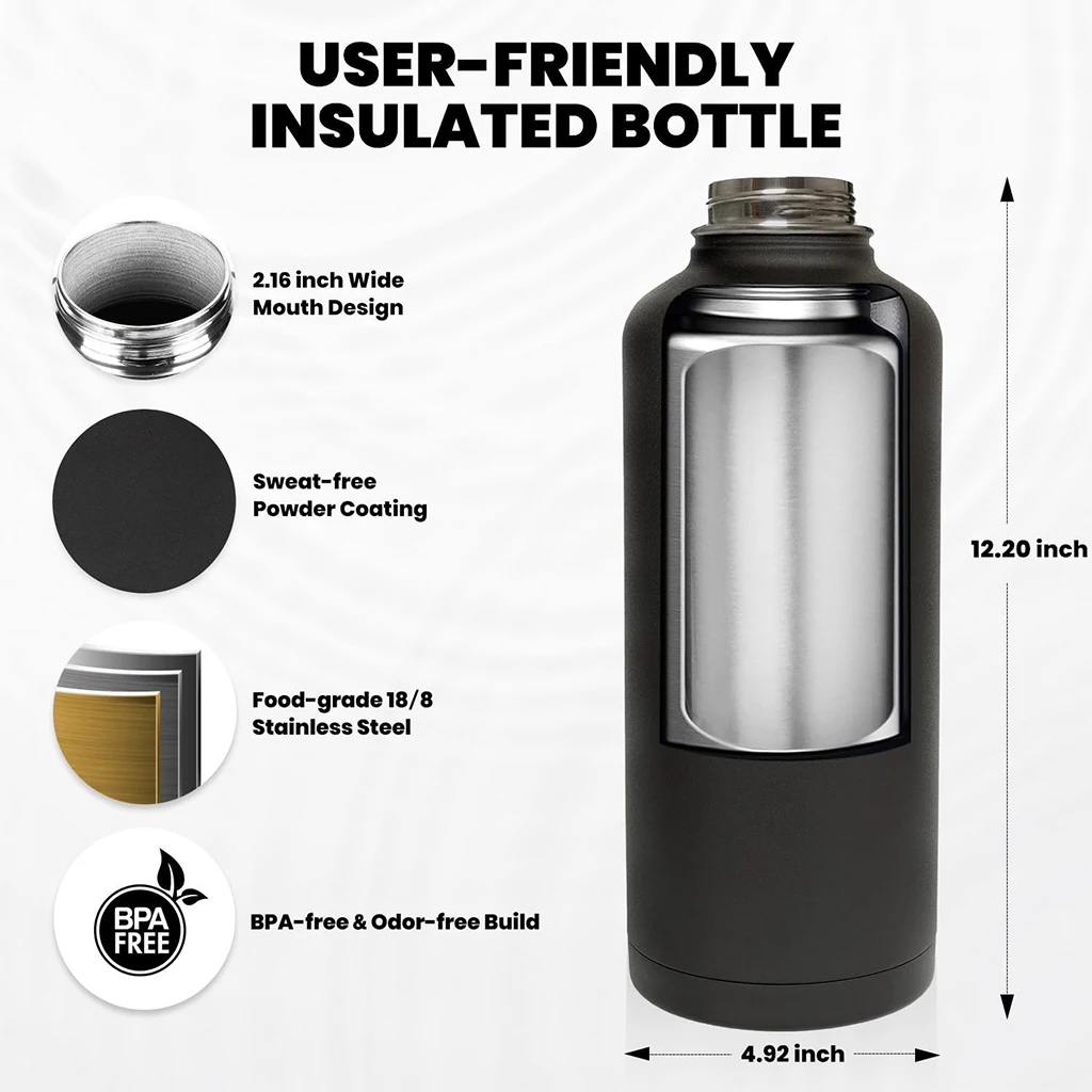 87oz Triple Wall Vacuum Insulated Stainless Steel Water Bottle, Keeps Cold 48H & Hot 24H, Dual Leakproof Spout & Straw Lids, Paracord Handle with Compass & Carabiner, Sweat Resistant, Magic Black
