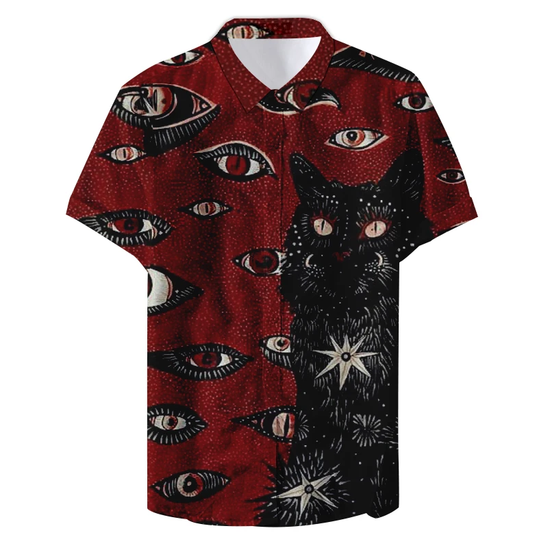 Chemise à Revers à Manches Courtes avec Motif de Chat Imprimé en 3D pour Homme, Vêtement de Personnalité avec Yeux d'Horreur, à la Mode, pour Halloween