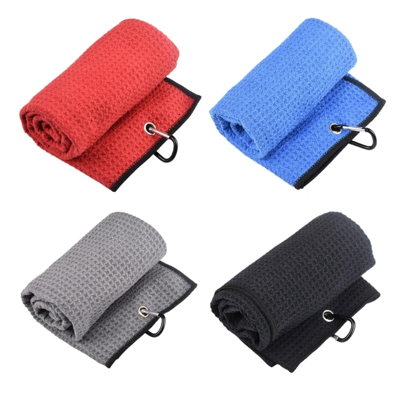 Y1UB 2 Pcs Portable Tri-fold Golf Towel with Heavy Duty Carabiner Clip Microfiber Fabric Waffles Pattern Towels Golf Gift