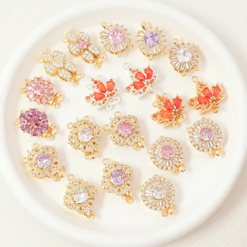 Brass Coated Gold Zircon Inlay Maple Leaf Flower Insert Buckle DIY Jewelry Making Necklace, Bracelet Accessory Materials