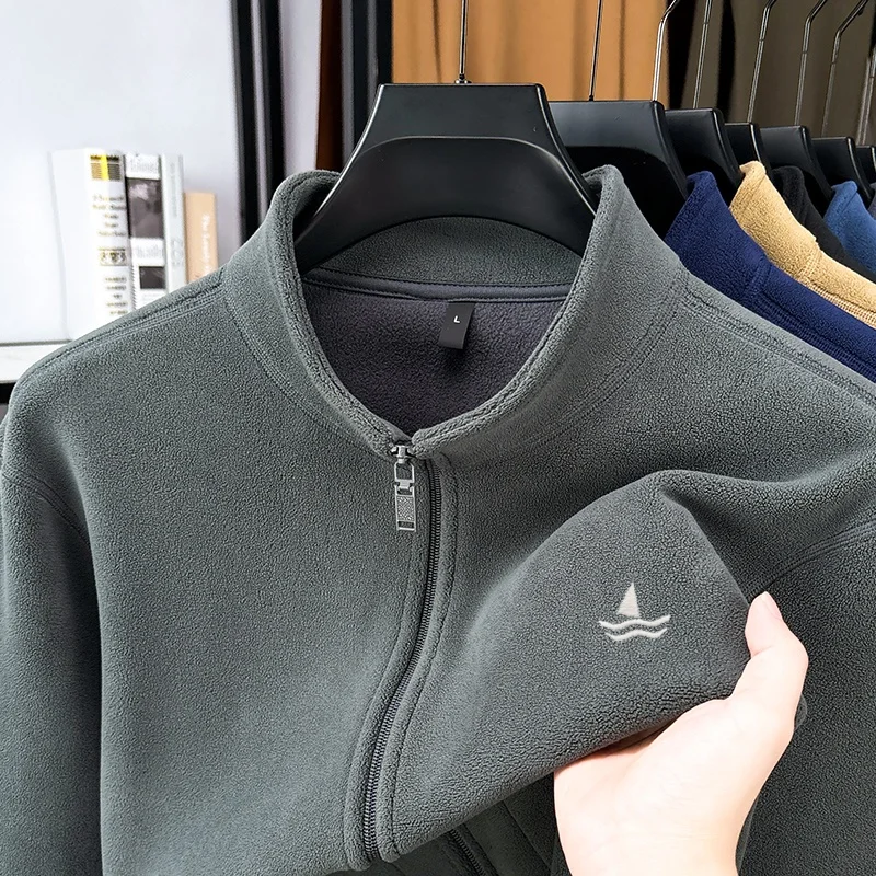 

New autumn and winter men's semi high neck jacket warm and casual double-sided velvet full zipper cardigan