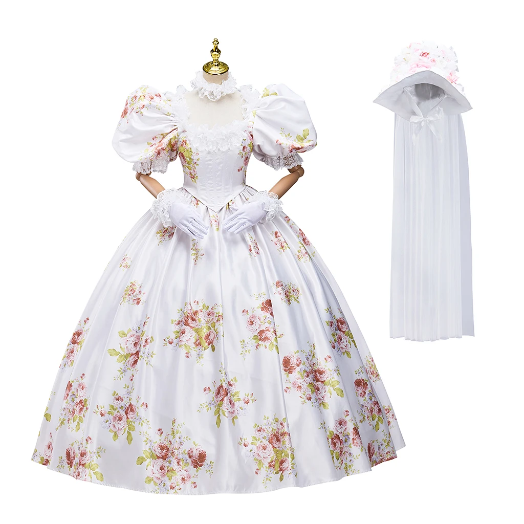 

Victorian Court Dress Women Princess Puff Sleeves White Floral Dress Ball Gown Historical Civil War Dress with Hat