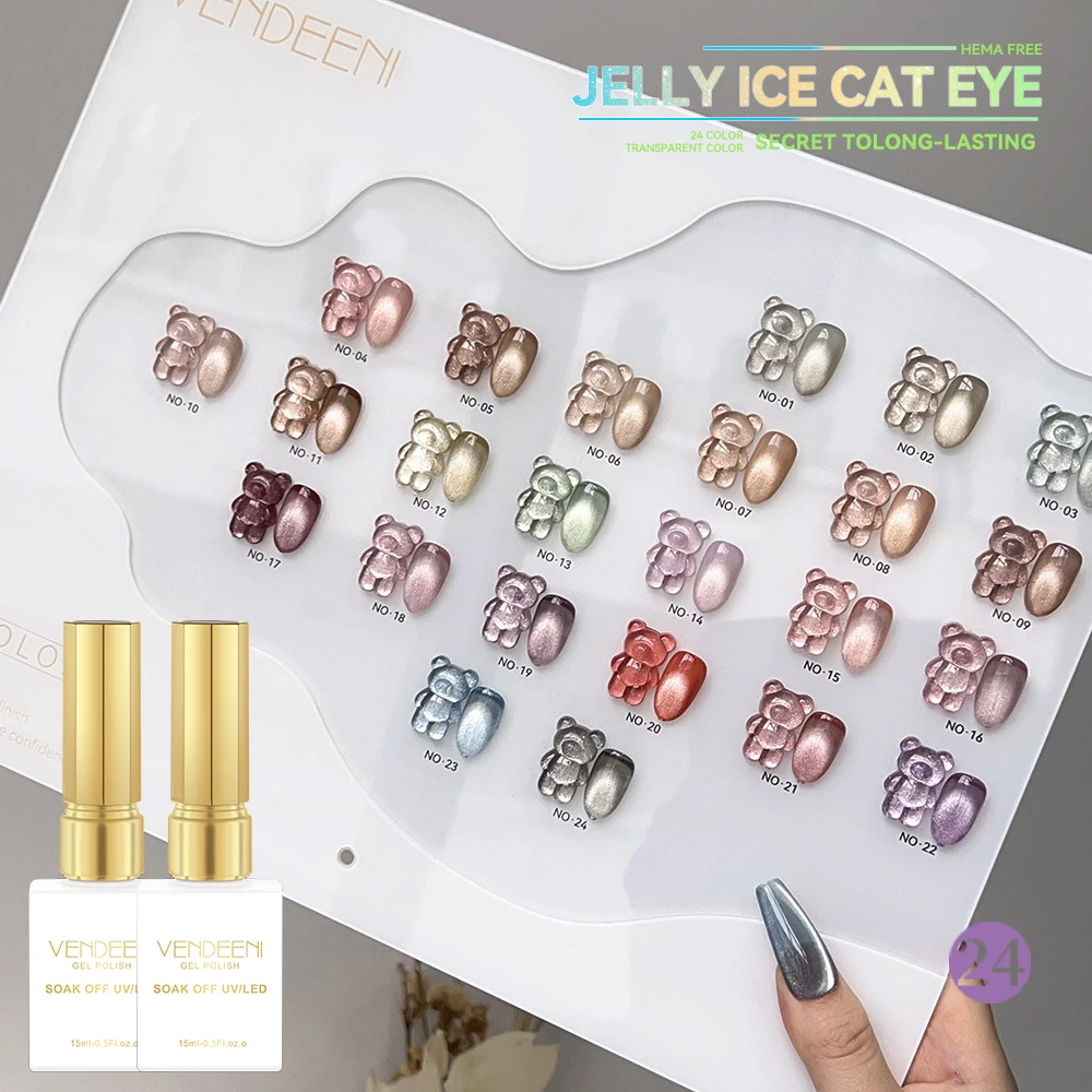 Vendeeni 24 Colors/Set Transparent Crystal Cat Eye Gel Nail Polish Jelly Magnetic UV Soak Off Cat Eye Gel Varnish With Display