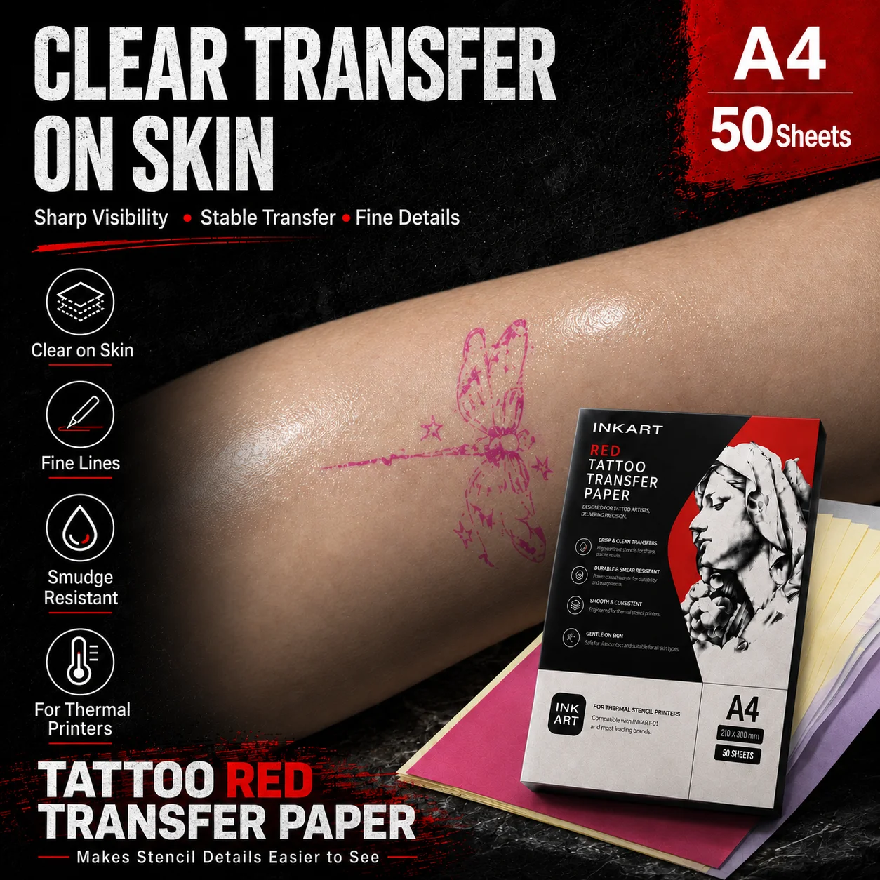 INKART Professional Red Tattoo Transfer Paper, 50 Sheets/Pack, A4 Thermal Paper, Compatible with X1 and Mainstream Printers
