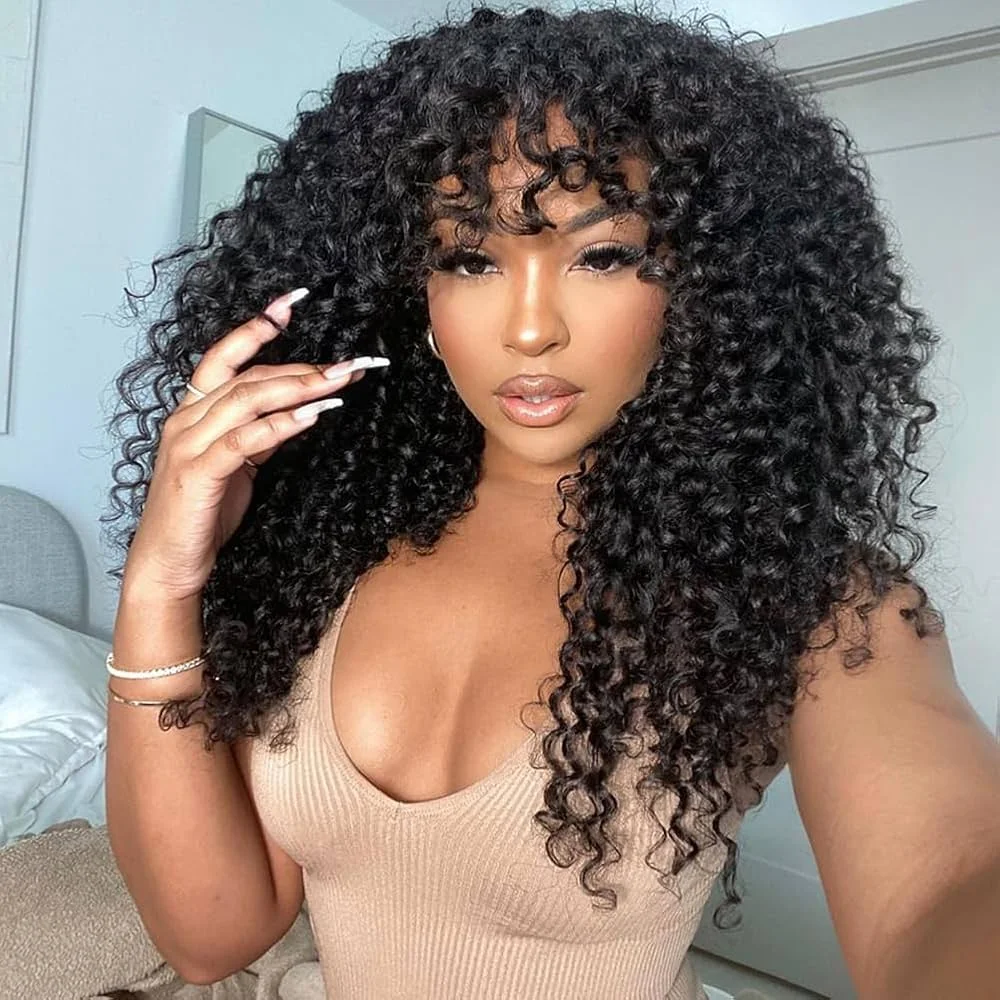 

Парики с волнистыми волосами и челкой, парик без кружева, бразильский парик из натуральных волос с челкой, бесклеевые вьющиеся парики из человеческих волос для женщин