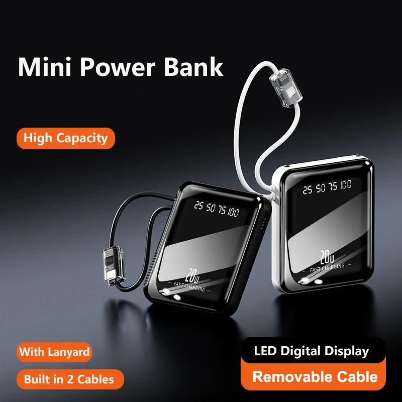 

20000mAh Mini Power Bank with Cable Fast Charging Portable Charger Powerbank for iPhone Samsung Huawei Xiaomi External Battery