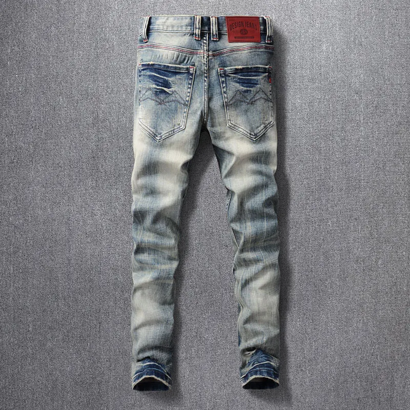 Fashion Designer Men Jeans High Quality Retro Washed Blue Stretch Slim Fit Ripped Jeans Men Italian Style Vintage Denim Pants