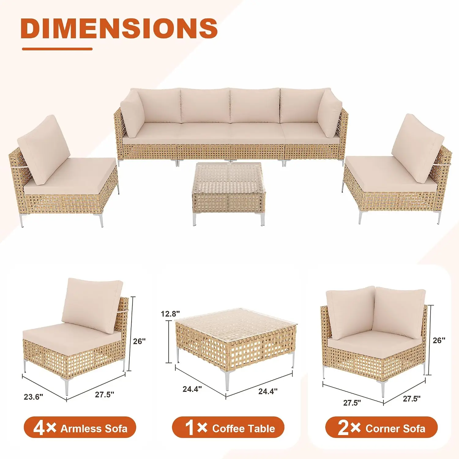 Outdoor Patio Furniture Set Non-Slip Cushions Coffee Table 7 Piece, Customized