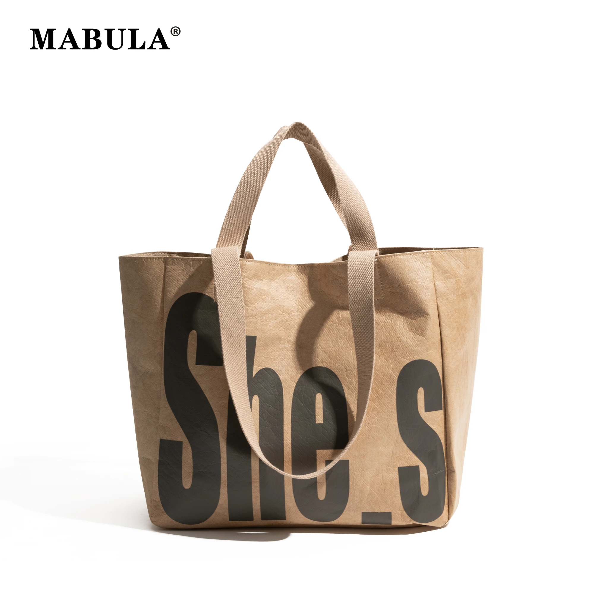 MABULA Kraft Paper Letter Printed Large Capacity Practical Shopping Grocery Bag Double Side Use Fashion Women's Commuter Pouch