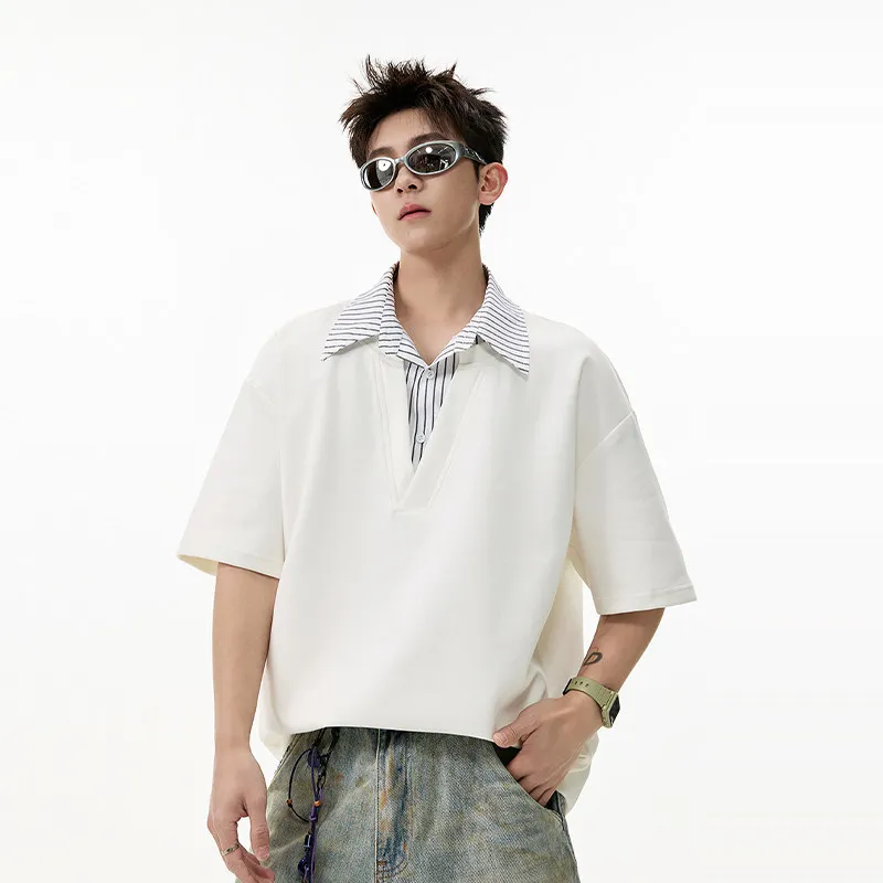 

2026 Fake Two Polo Collar Short Sleeved Men's and Women's Summer Loose Design Shirt Versatile Half Sleeve