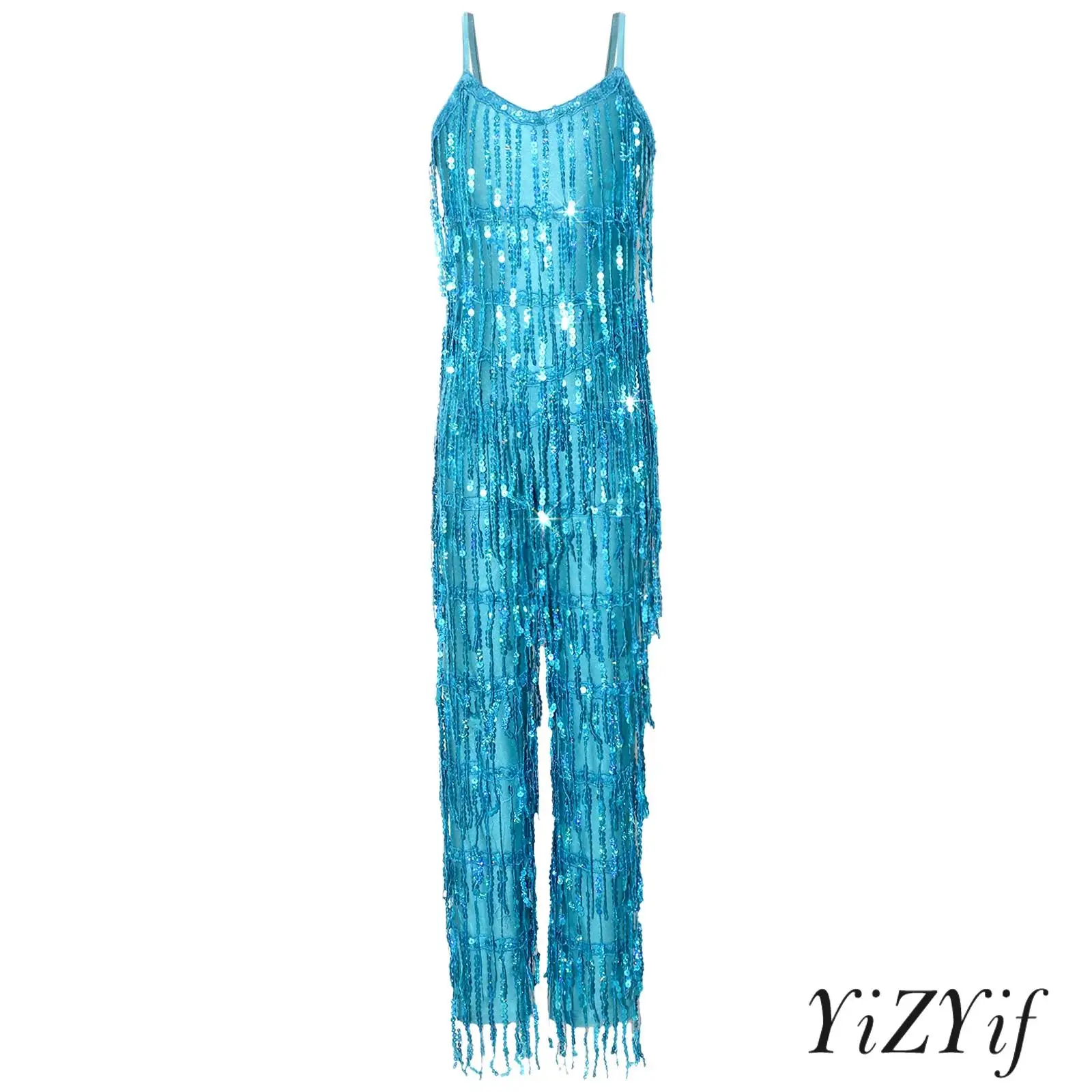 

Girls Disco Latin Dance One Piece Costume Multi-layer Shiny Sequin Tassels Sleeveless Adjustable Straps Long Pants Jumpsuit