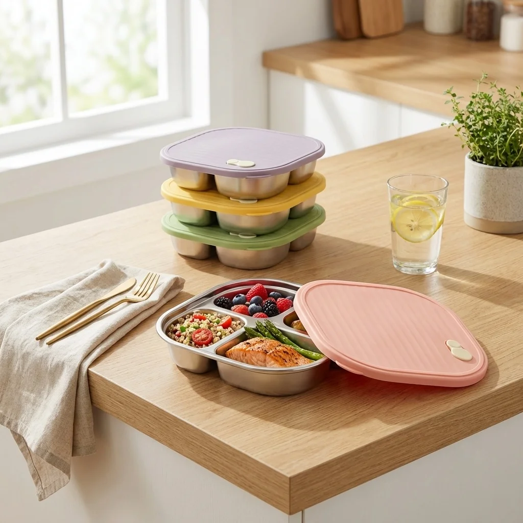 Microwave Safe 304 Stainless Steel Divided Plate Portion Control Diet Food Dish With Lid Kitchen Dinnerware Tableware Utensils