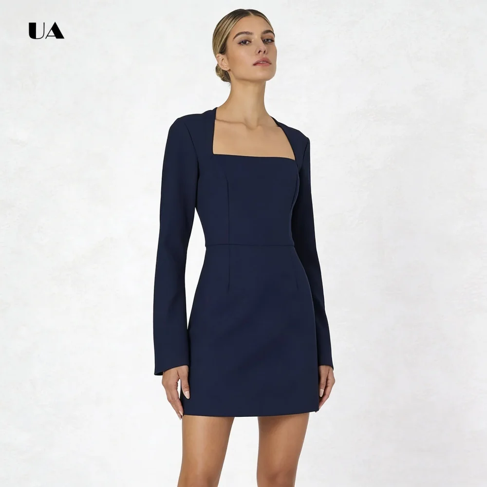 Mini robe ajustée et évasée simples à manches longues, robes de soirée trapèze solides pour femmes, robe de soirée classique personnalisée