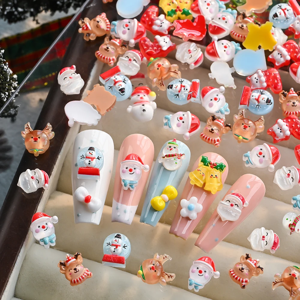 50Pcs 3D Christmas Snowman Elk Nail Charms Cartoon Xmas Bell Sock Resin Nail Art Decoration For DIY Crafts Hair Jewelry Kid Gift