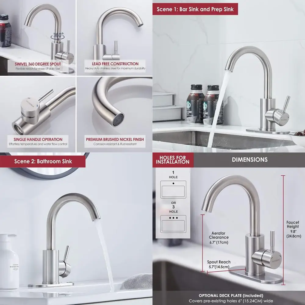 

Modern Brushed Nickel Single Handle 360° Swivel Bar Faucet with Stainless Steel Deck Plate for Kitchen and Bath Sinks