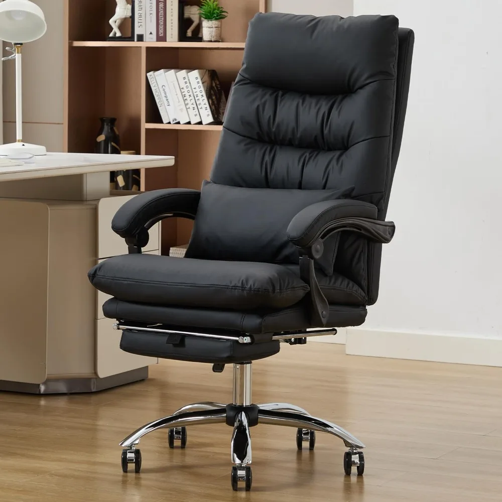 

black leather high-back swivel office chair with 155° recline and footrest