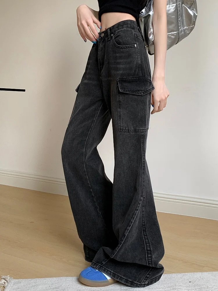 2024 Cyber Y2K Streetwear Washed Black Flare Cargo Jeans Pants For Women 90S Vintage Clothes Multi Pockets Cotton Lady Trousers