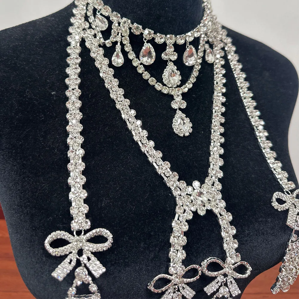 CUIER Exquisite Bowknot Fringle Tassel Rhinestone Necklace for Women Huge Size Body Chain Jewelry for Fashion show Accesories
