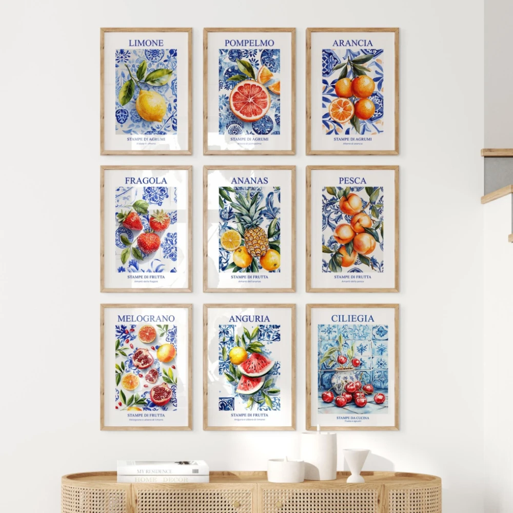 Italienische Aquarell-Grapefruit-Leinwandmalerei, mediterranes blau-weißes Fliesen-Druckposter für Küche und Esszimmer