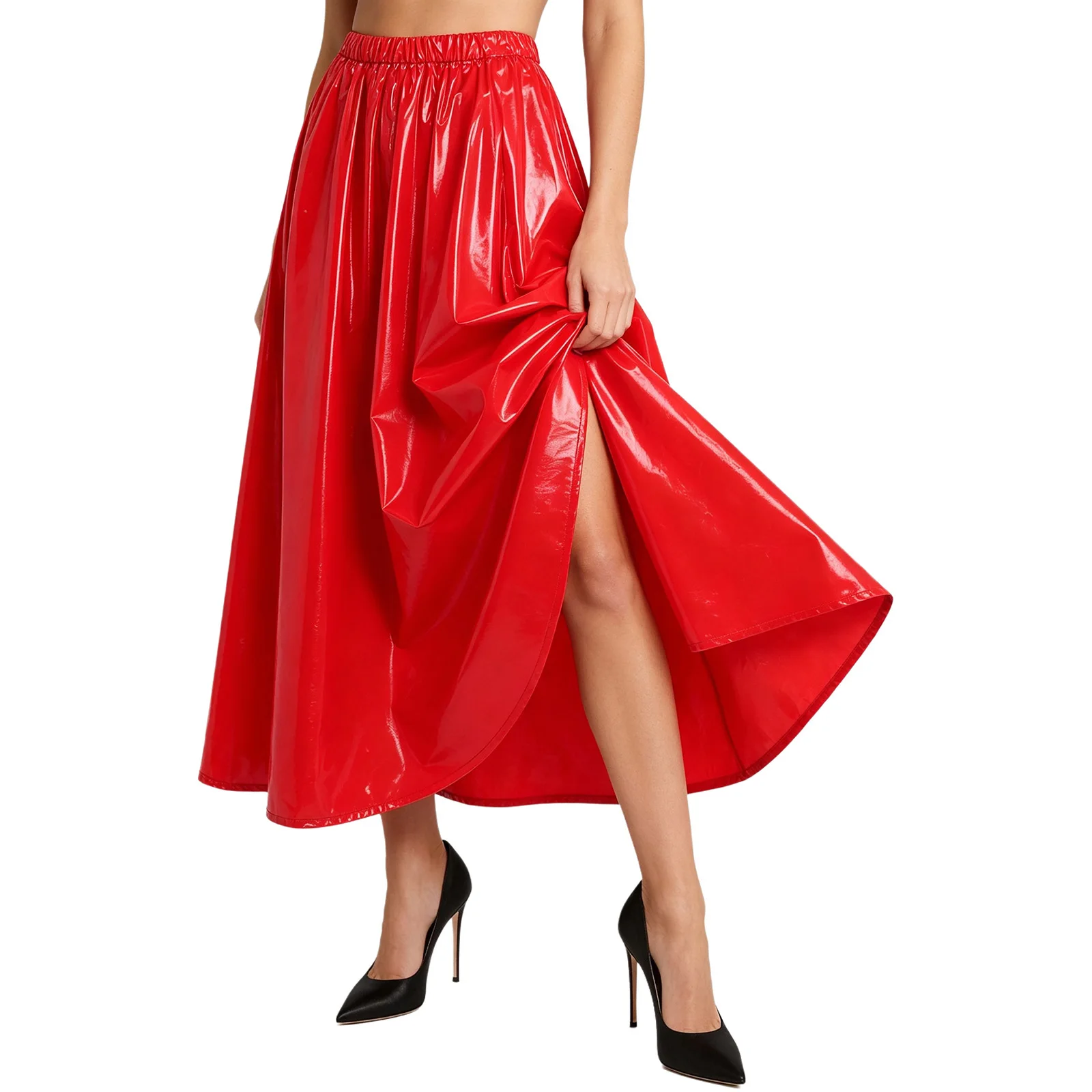 Women Solid Color Waterproof Glossy Pleated Long Skirt Beach Bikini Cover-ups Nightclub Rave Party Clubwear Streetwear Beachwear