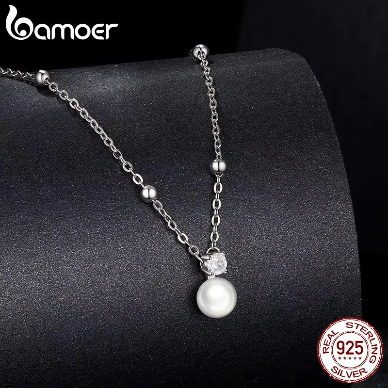 BAMOER Shiny Moissanite Pearl Pendant Necklace For Women Wedding Party 925 Sterling Silver with White Gold Plating Jewelry