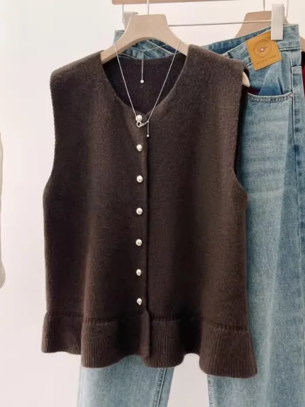 Elegant Wine Red Knitted Vest Outerwear Women's Early Autumn New plus Size Bottom Lace Layering Vest Commute Style V-Neck