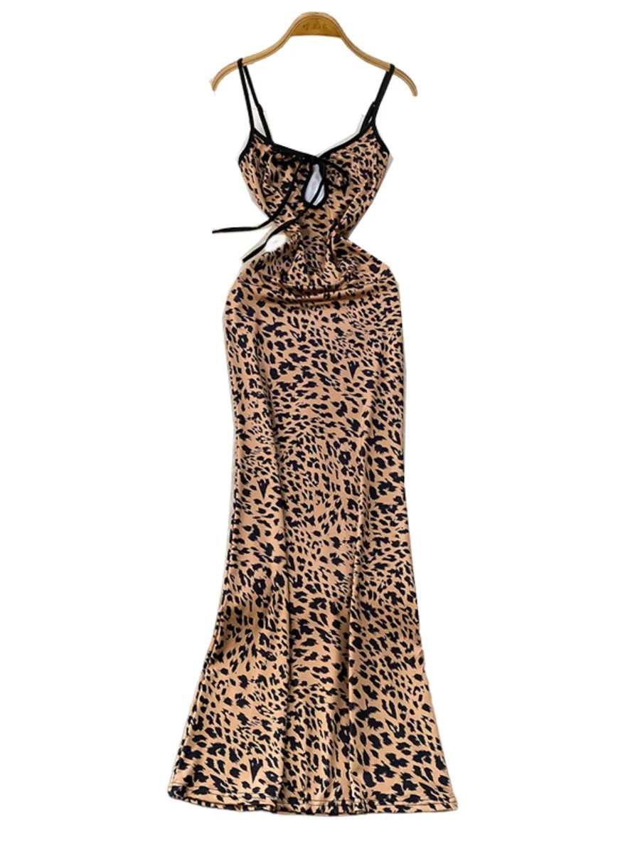 Foamlina فتاة مثير انقطاع التعادل ليوبارد الخامس الرقبة فستان بكتافة المرأة الصيف جديد ليوبارد طباعة عالية الخصر Bodycon فستان ماكسي