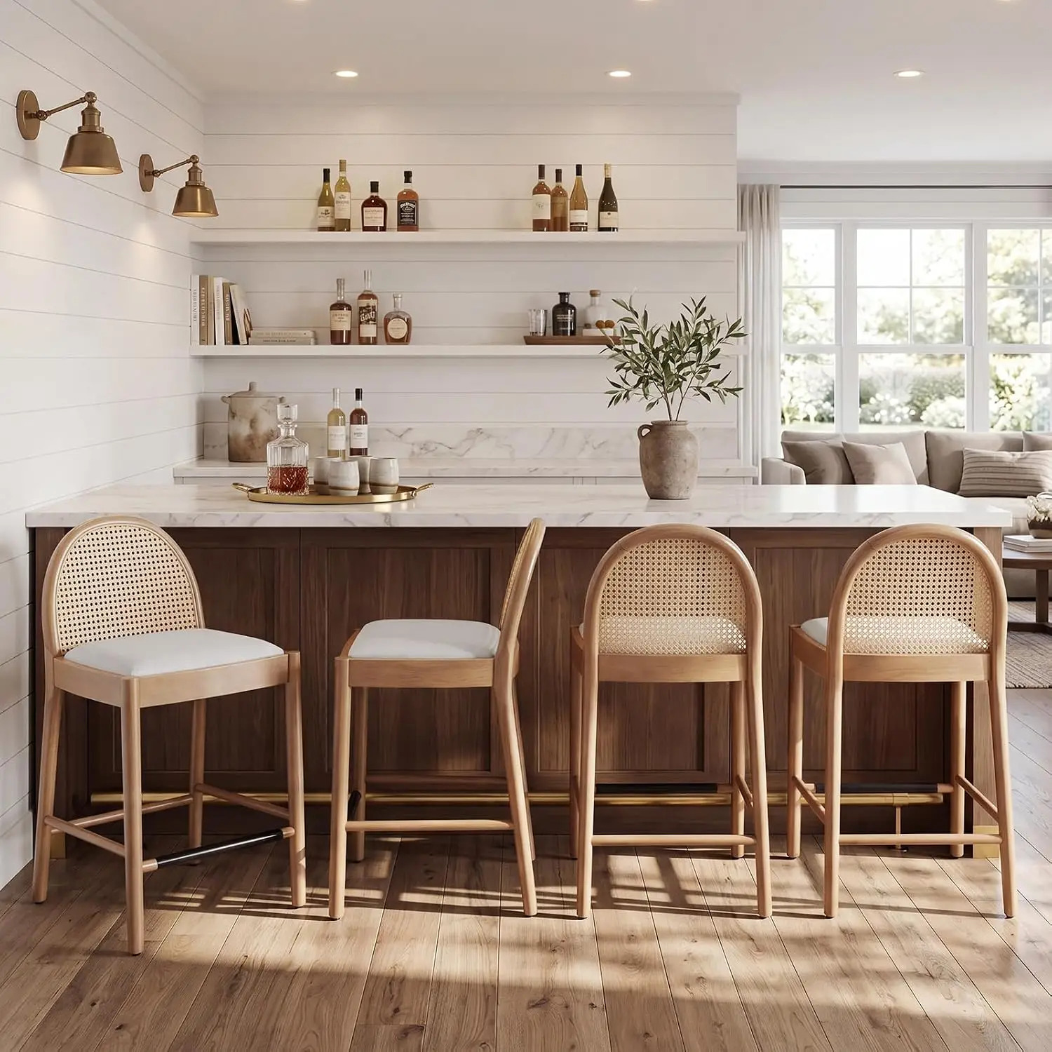 Mid-Century Bar Stools Set 4, 26 Inch Rattan Back Linen Counter Height Upholstered Chairs with Wood Legs for Kitchen Dining, Cus