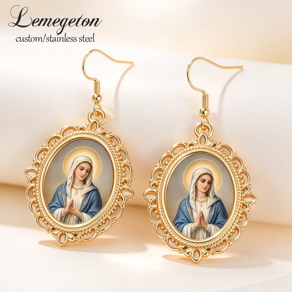 Lemegeton Custom Photo Earrings Color Print Picture Oval Pendant Personalized Stainless Steel Jewelry Couple Vintage Trend Gifts