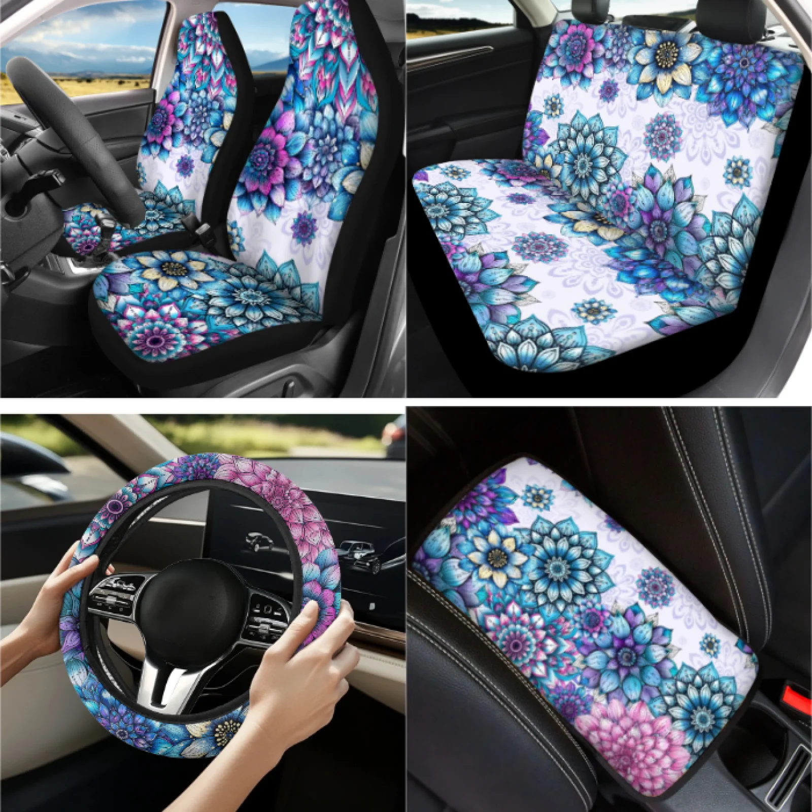 Coloranimal Datura Style 13 PCS Auto Interior Sets with Easy Installation Steering Wheel Cover and Car Armrest Box Cover