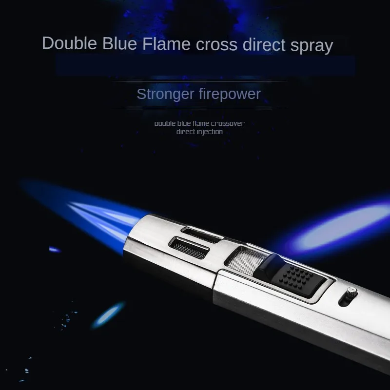 HONES Written Test Cross Double Straight Blue Fire Inflatable Cigar Moxibustion Lighter Metal Lock Fire Small Spray Gun