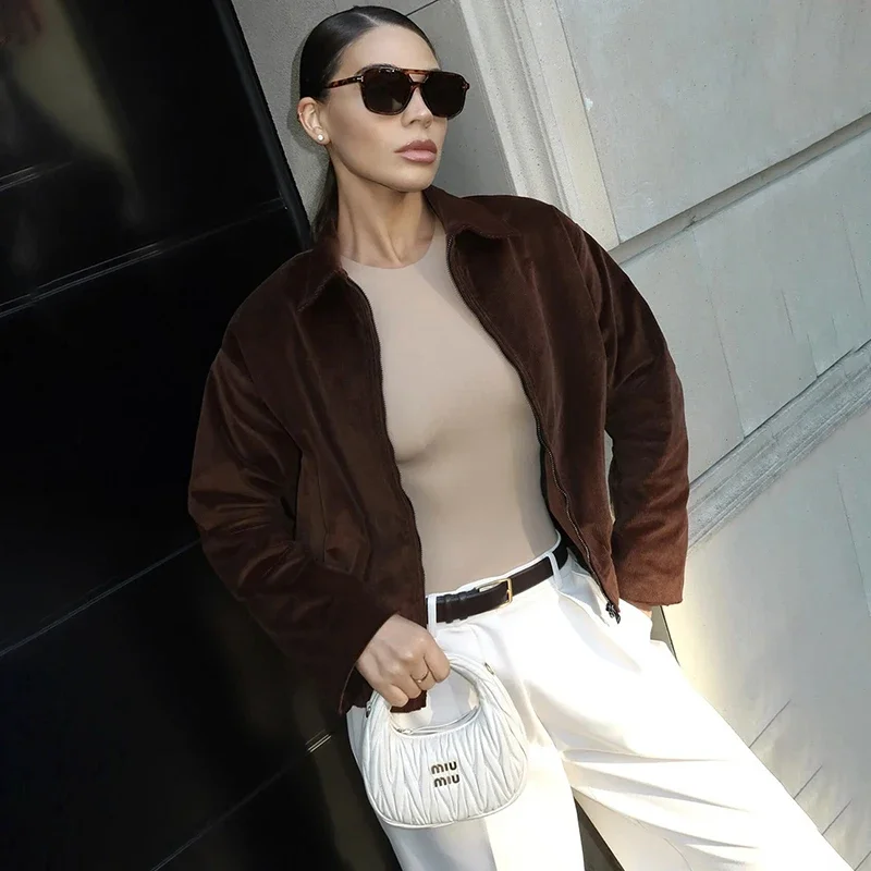 Retro Brown Lapel Jackets Women's Retro Lapel Zipper Long Sleeves Loose Coat Autumn Winter New Leisure Commuting Jacket
