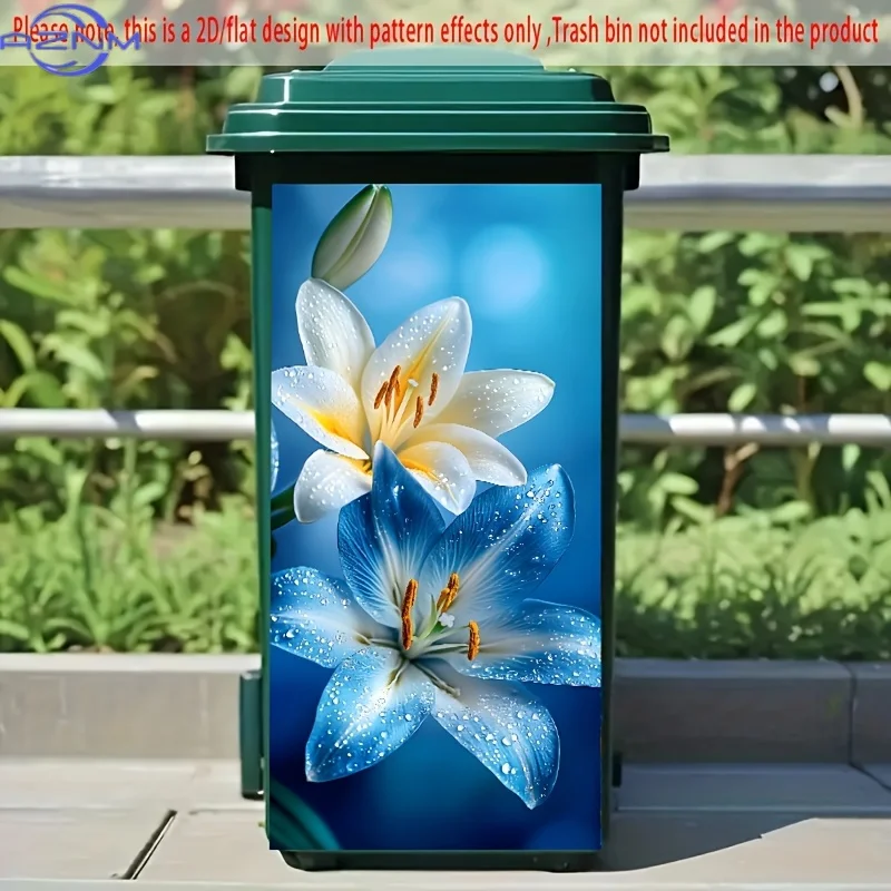 1pc, 2D/Flat Trash Can Sticker, .01 X cm, Blue and White Dewy Lilies, Elegant Floral Style Garbage Bin Decoration for Kitchen