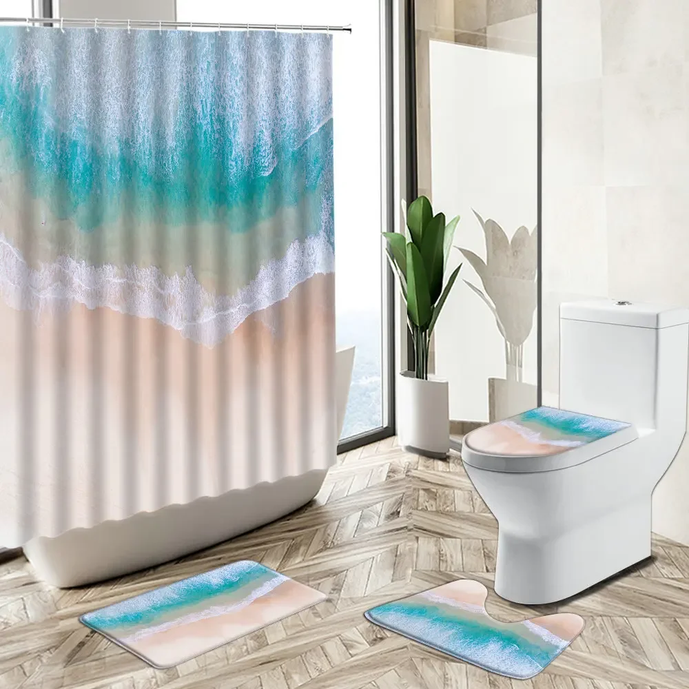 Ocean Beach Scenery Shower Curtain Holiday Theme Bathroom Waves Natural Landscape Non-Slip Carpet Toilet Cover Bath Foot Mat Set